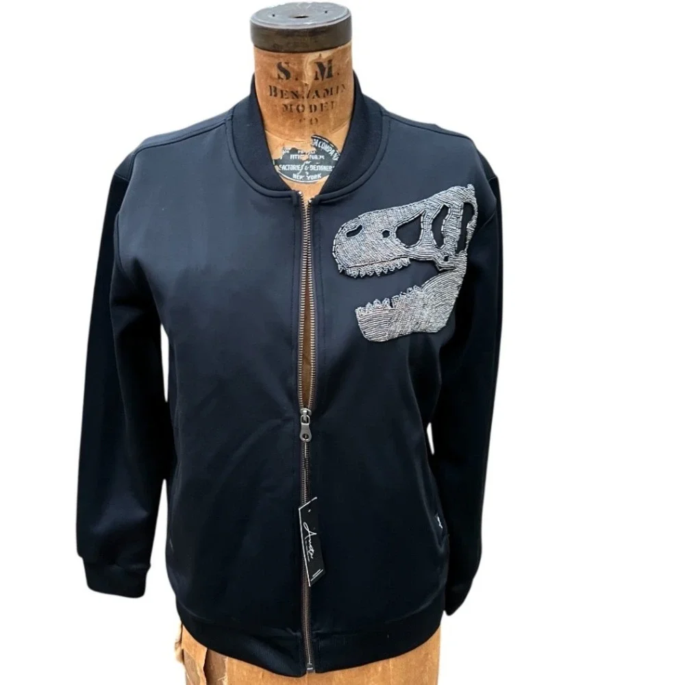New Arieta Bomber Women Black Beaded Dinosaur Skull Athleisure Sz M Grunge NWT - Picture 11 of 17